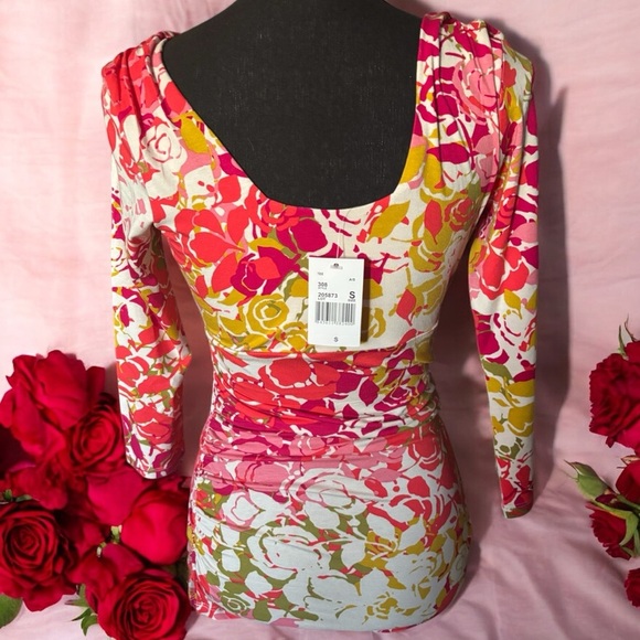 CABI MULTI FLORAL ROSE PRINT EMPIRE RUCHED WAIST RESORT VACATION TOP SZ S NWT - Picture 3 of 6